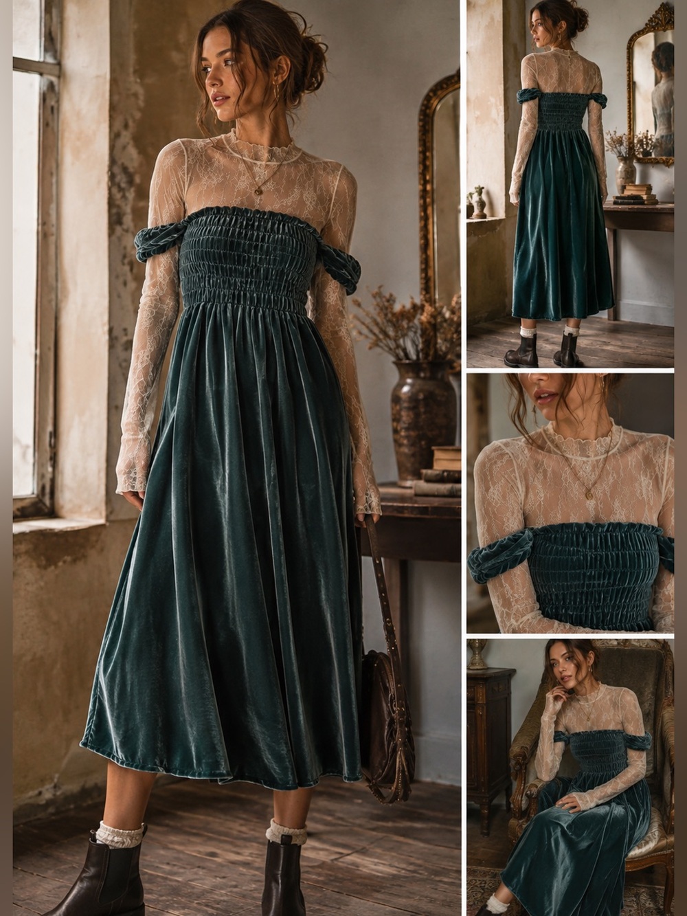 Free People Velvet Midi Dress Sapphire Emerald Whimsigoth Dark Cottagecore SZ M